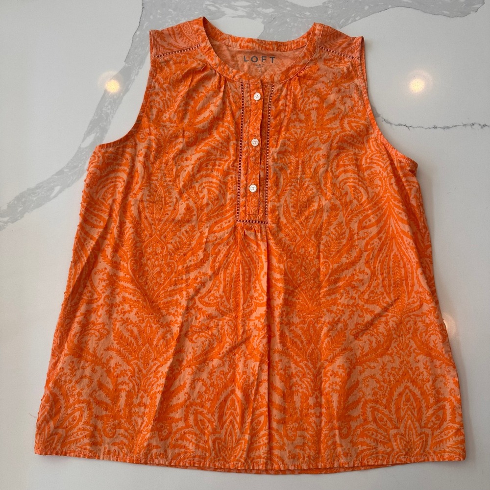 LOFT Orange Paisley Clip Dot Henley Sleeveless Blouse Top Small